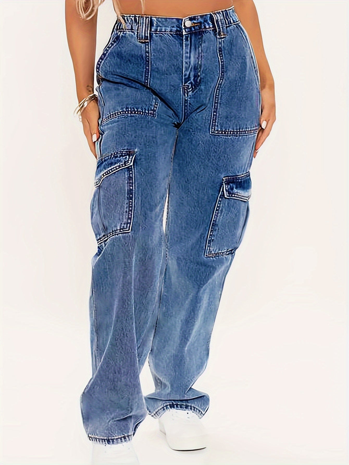 Casual Cargo Jeans Women's Plus Solid Pipping Button Fly High Rise