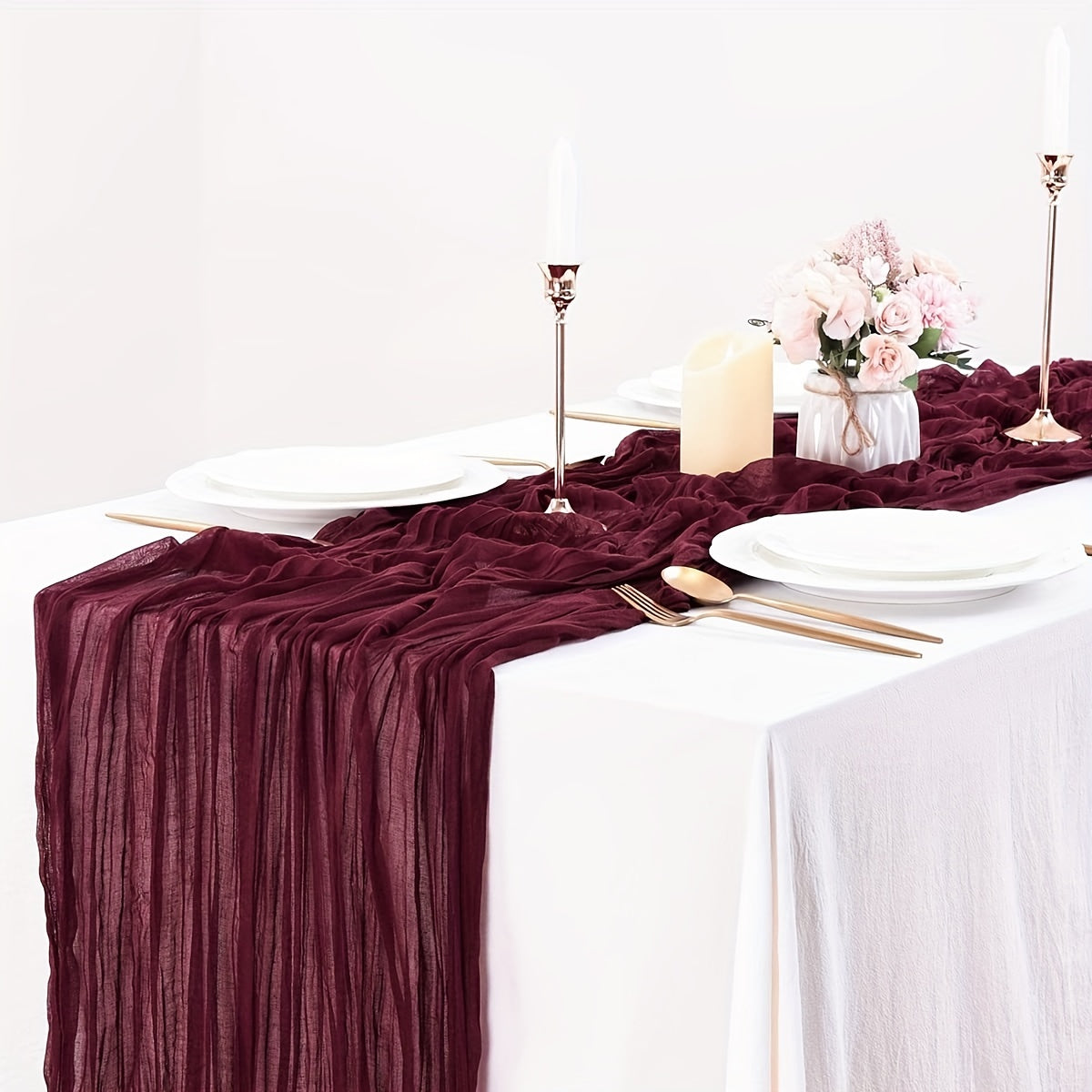 Vintage Burgundy Cheesecloth Table Runner for Weddings and Parties