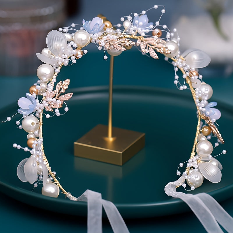 Golden Flower Bridal Headband Vines Faux Pearl Wedding Hair Accessories