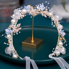 Golden Flower Bridal Headband Vines Faux Pearl Wedding Hair Accessories