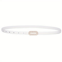 Vintage Thin Leather Belt with Rhinestone Inlaid Long Buckle