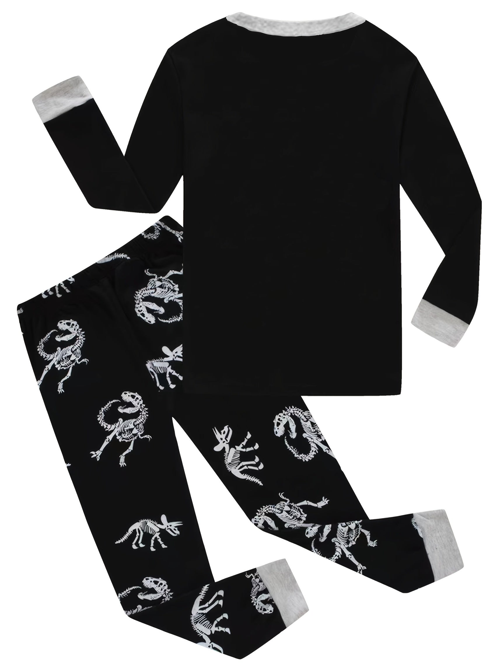 2pcs Dino Skeleton Print Kid's Pajama Set Reflective Pattern Comfy PJ