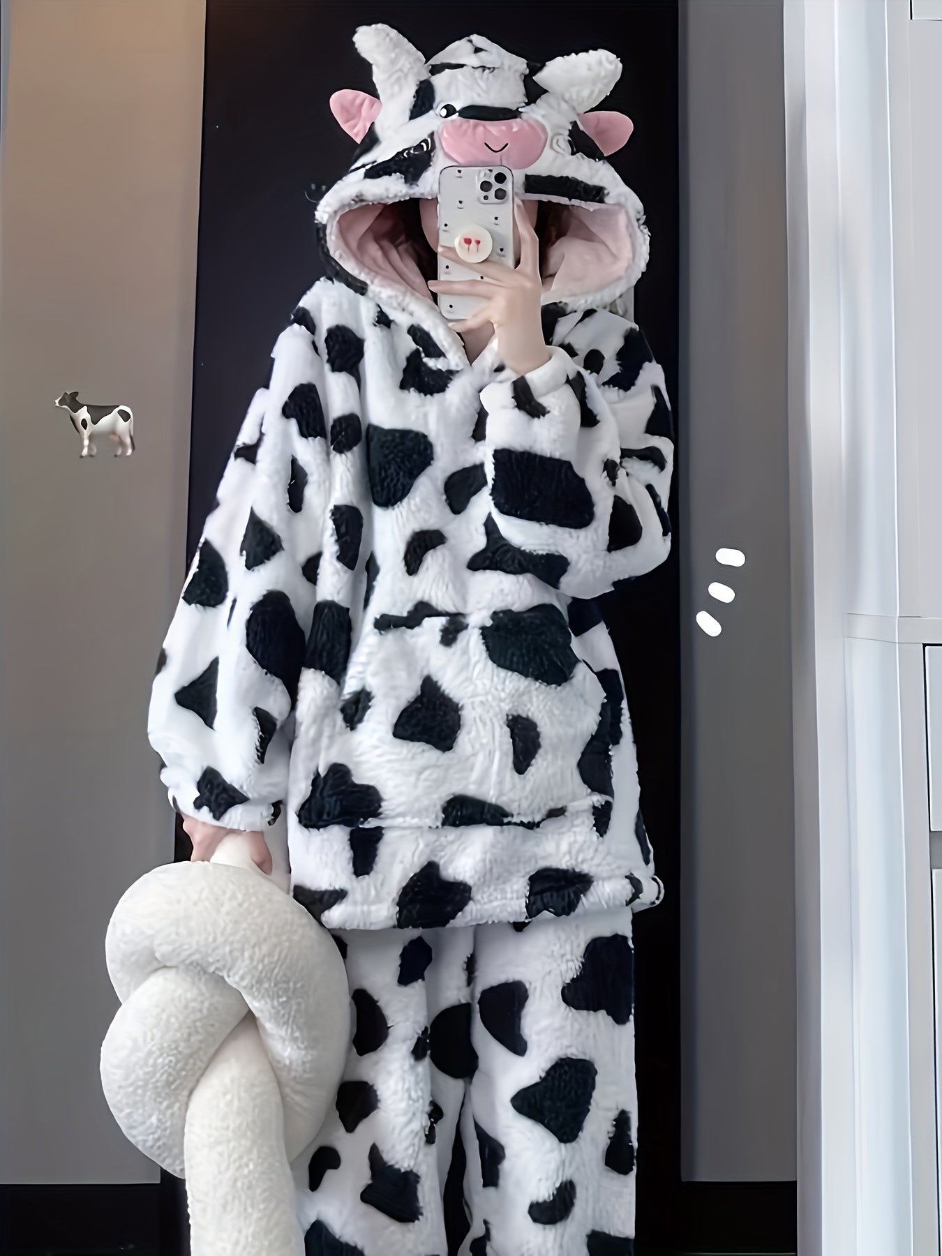 Cow Spot Fuzzy Pajama Set with Hood & Pants