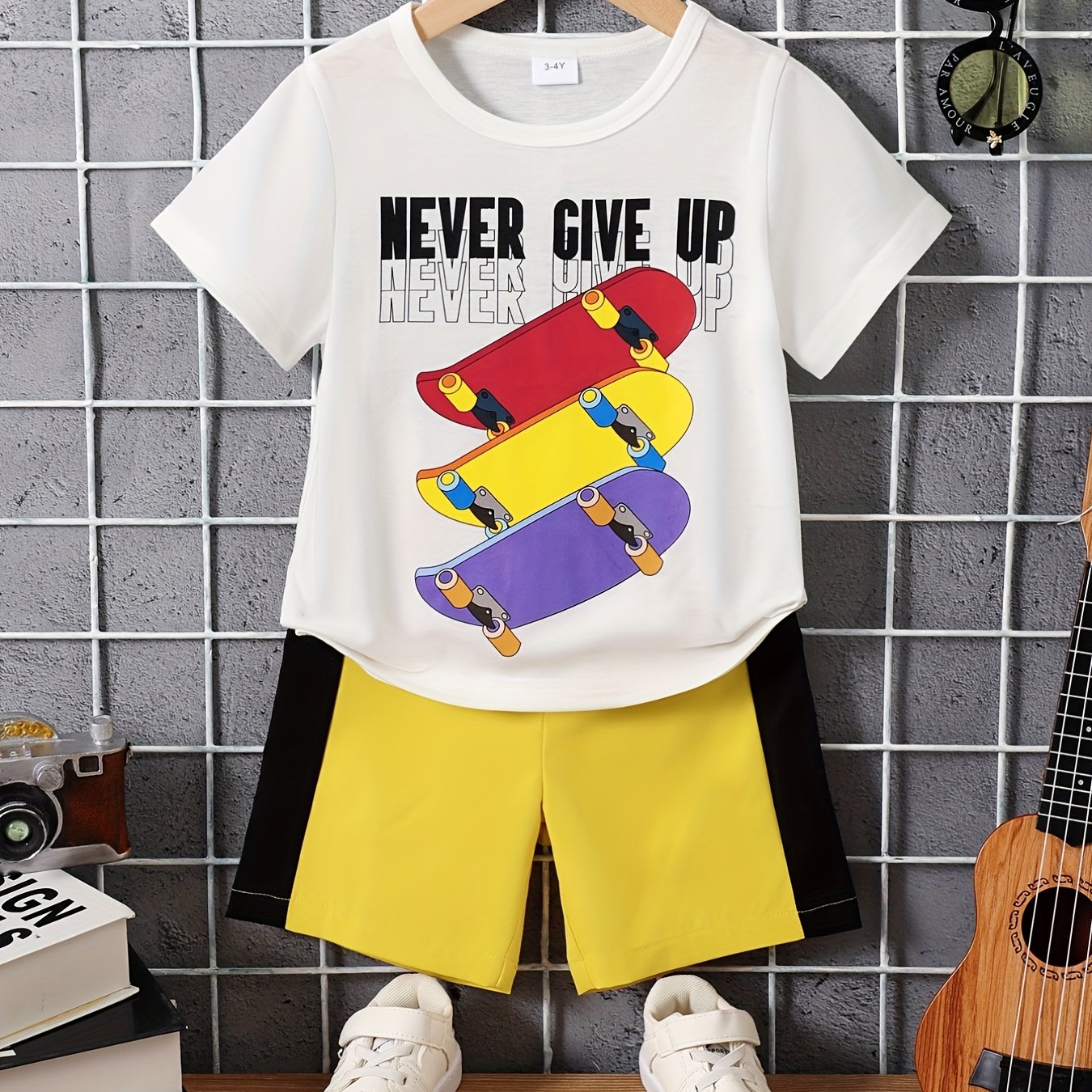 Boys Skateboard Print T Shirt And Shorts Set for Summer