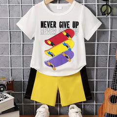 Boys Skateboard Print T Shirt And Shorts Set for Summer