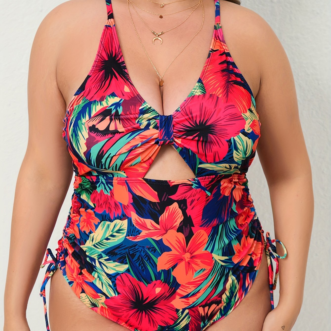 Floral Print Cut Out Drawstring One Piece Swimsuit