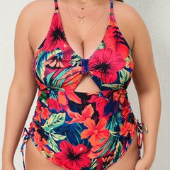 Floral Print Cut Out Drawstring One Piece Swimsuit