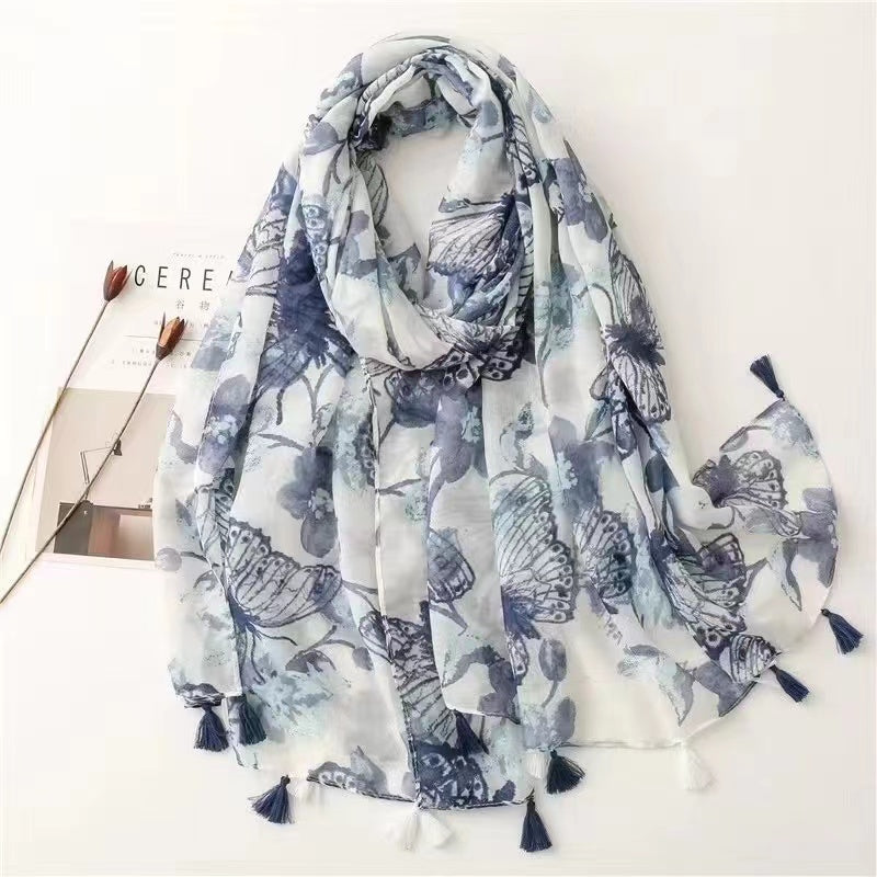 Ink Butterfly Print Grey Scarf 31 50' 70 87' Tassel Shawl Women Head Wrap