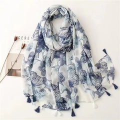 Ink Butterfly Print Grey Scarf 31 50' 70 87' Tassel Shawl Women Head Wrap