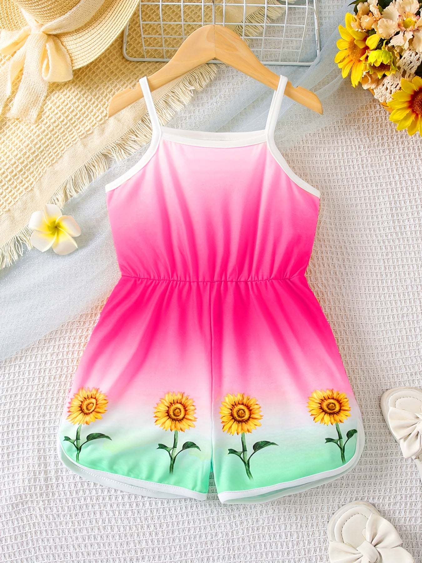Girls Sunflower Vacation Style Cami Romper Jumpsuit