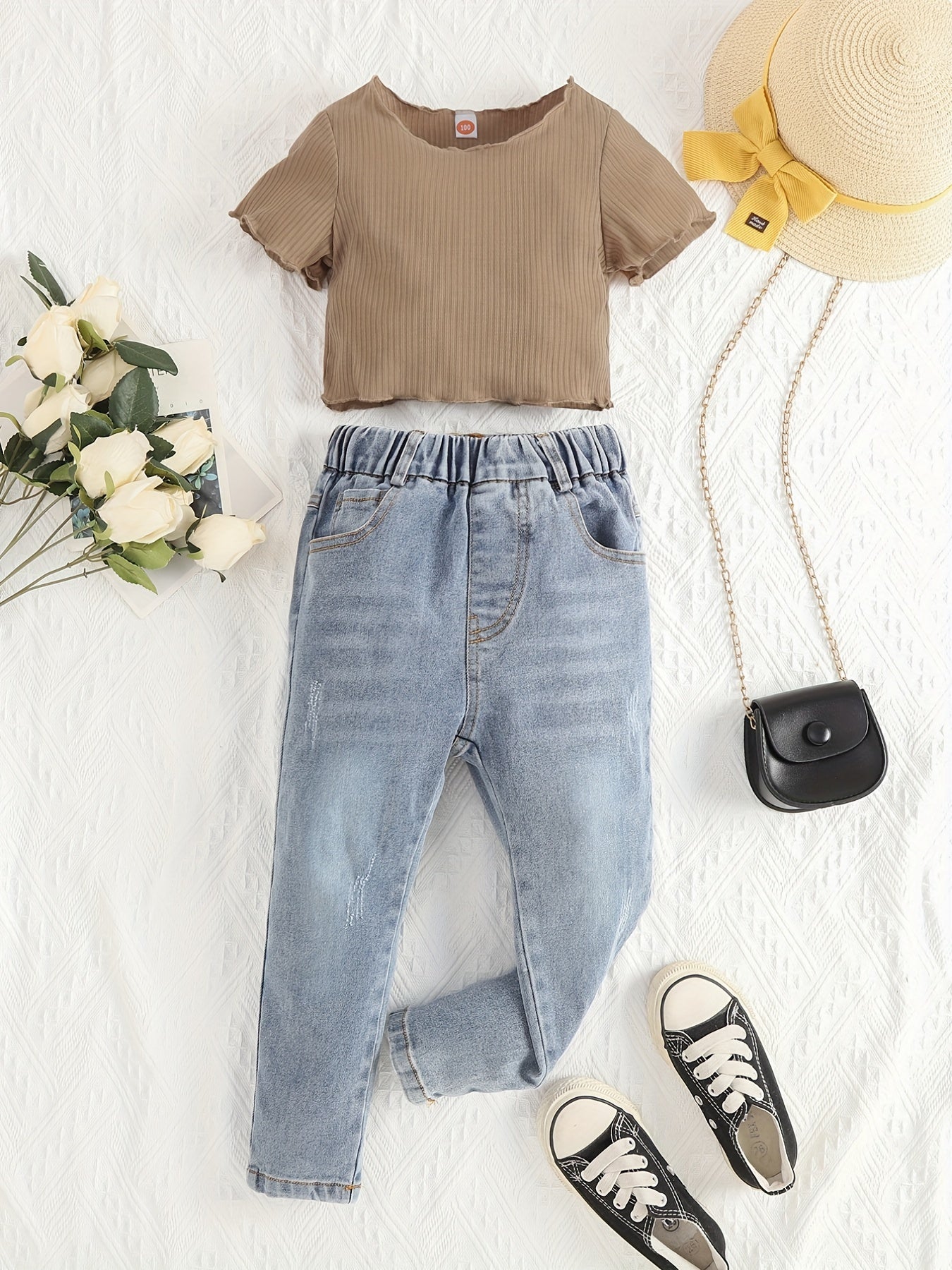 Girls Pit Strip Short Sleeve T shirt & Elastic Waist Jeans Set