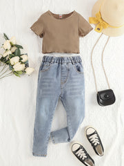 Girls Pit Strip Short Sleeve T shirt & Elastic Waist Jeans Set