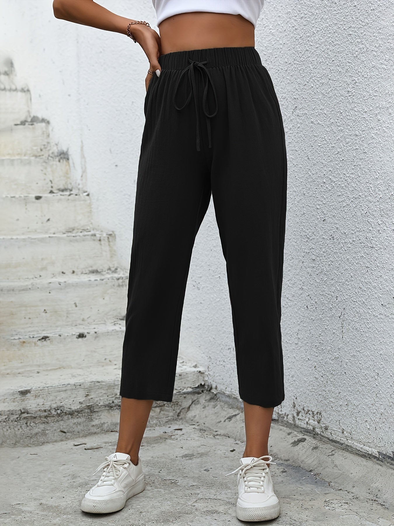 High Waist Drawstring Cropped Pants Women's Clothing