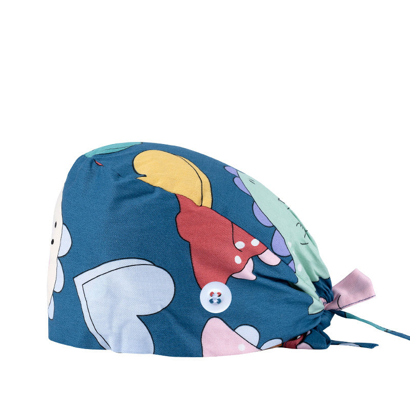 Adjustable Cartoon Print Nurse Hat with Buttons Scrub Cap