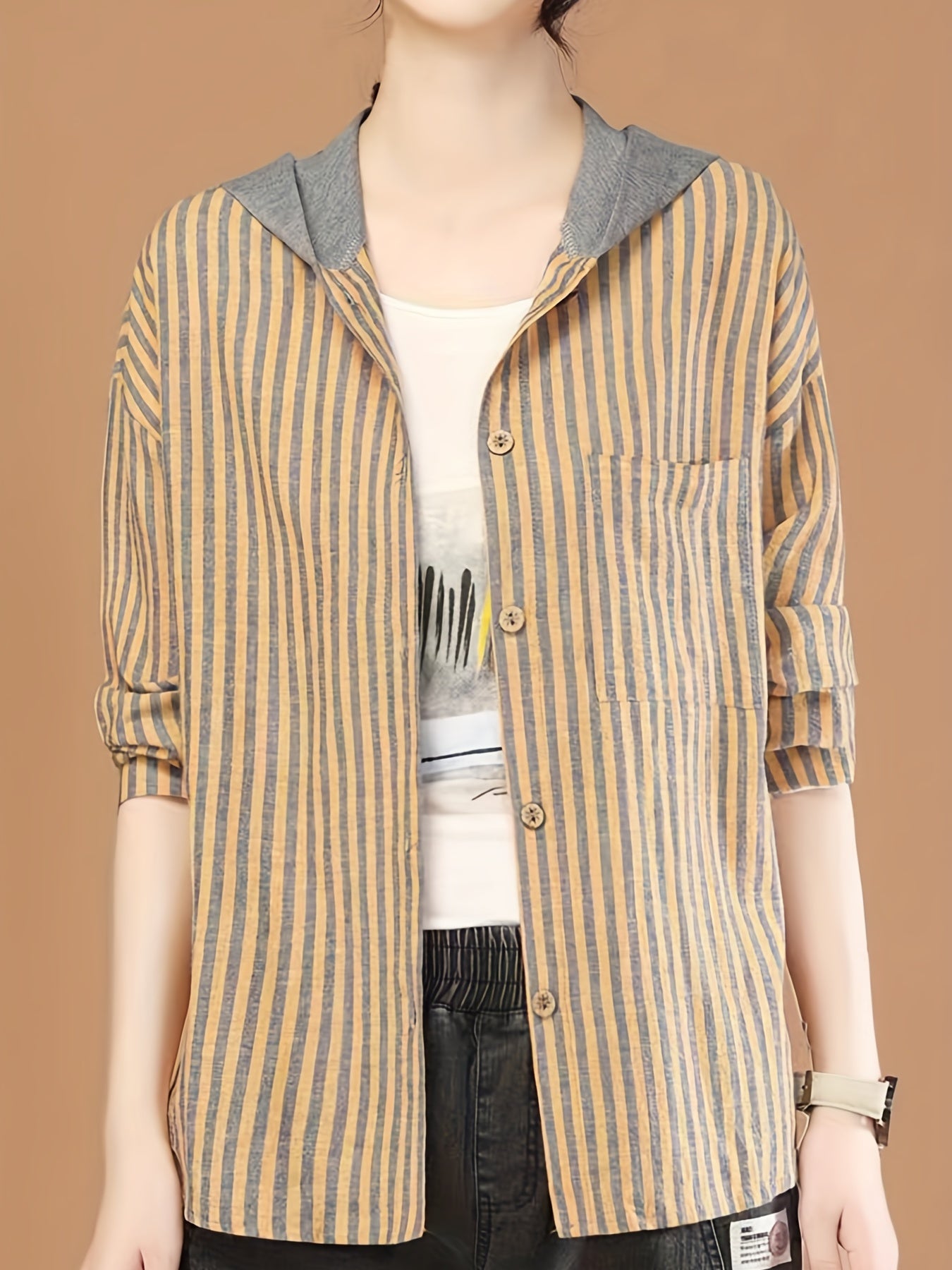 Striped Button Front Hooded Jacket Spring & Fall Women's Clothing