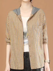 Striped Button Front Hooded Jacket Spring & Fall Women's Clothing