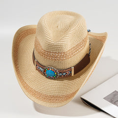 Khaki Cowboy Hat Curved Brim Straw Hat Wide Faux Jade Belt Decor Visor Hats