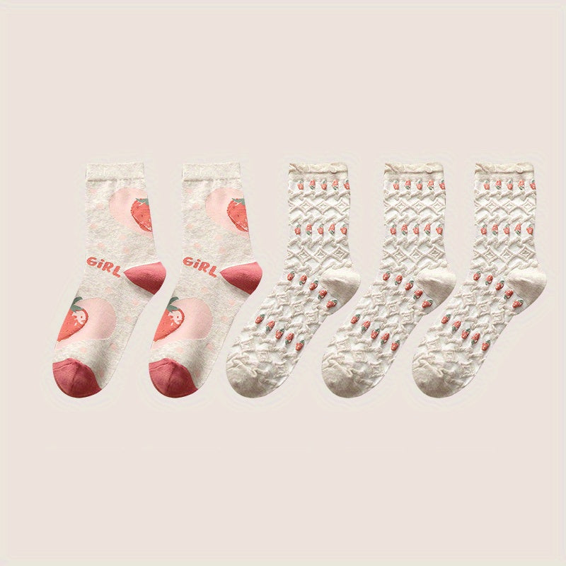 5pairs Girls Kids Strawberry Pattern Thin Lace Breathable Comfy Socks