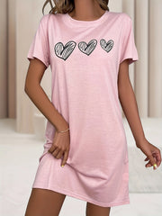 Heart Print Short Sleeve Round Neck Stretch Sleep Dress