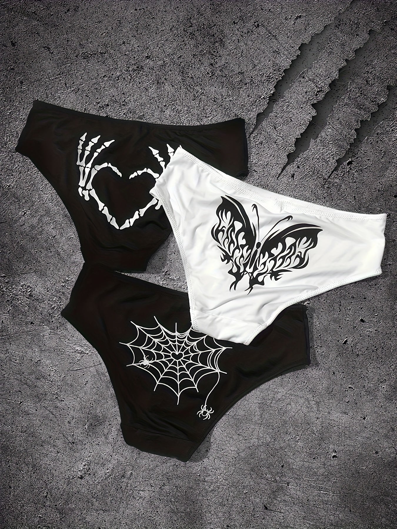 3pcs Skull & Spider Web Print Briefs Halloween Panties Women's Lingerie