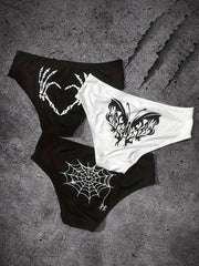 3pcs Skull & Spider Web Print Briefs Halloween Panties Women's Lingerie