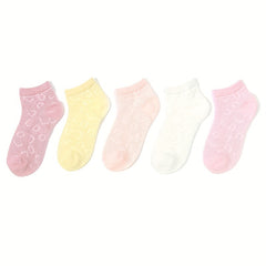 5 Pairs Girls Colorful Letter Print Casual Short Ankle Socks For Kids