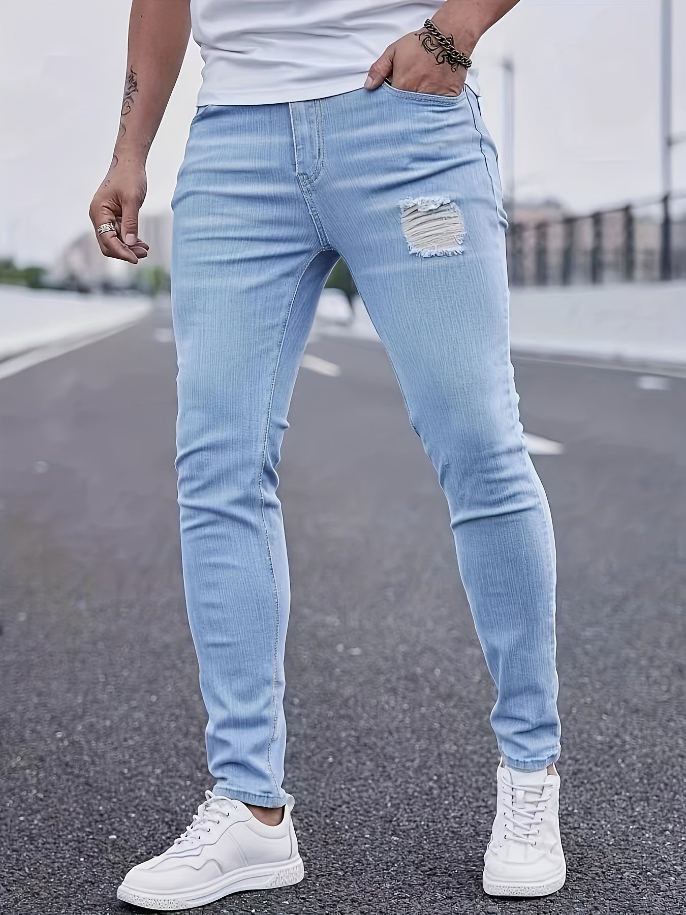 Men's Slim Fit Ripped Jeans High Stretch Denim Pants