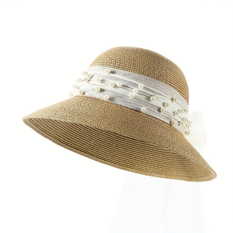 Summer Wide Brim Bucket Hat Faux Pearl Strap Sunscreen Straw Hats Fisherman Cap
