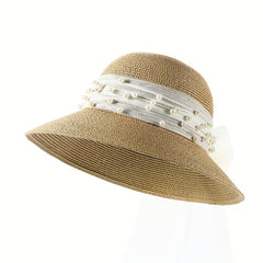 Summer Wide Brim Bucket Hat Faux Pearl Strap Sunscreen Straw Hats Fisherman Cap