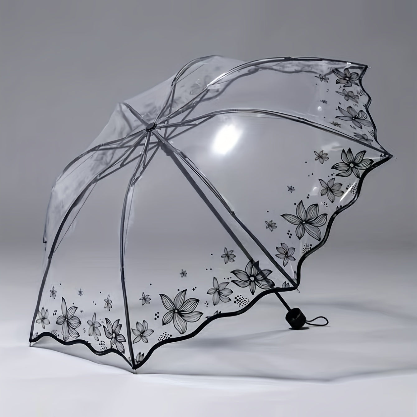 Wave Edge Retro Transparent Umbrella PVC Three Folding Arch