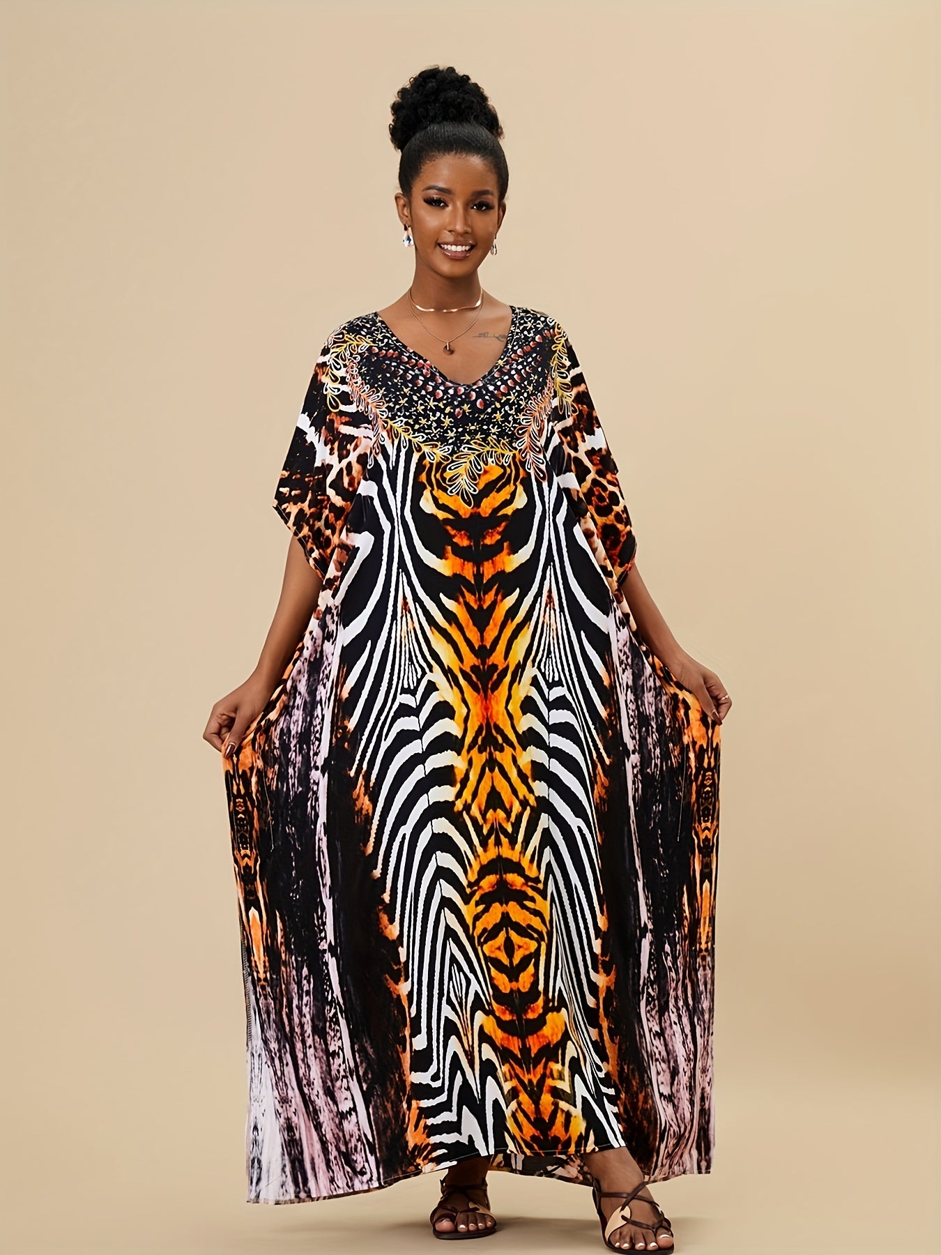 Boho Style Cover Up Dress V Neck Loose Fit Split Beachwear Kaftan