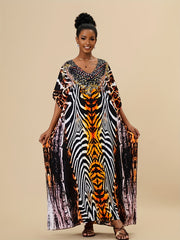 Boho Style Cover Up Dress V Neck Loose Fit Split Beachwear Kaftan