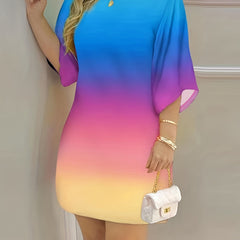 Gradient Casual Crew Neck 3/4 Sleeve Dress