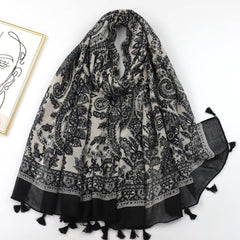 Floral Print Scarf Boho Tassel Shawl Classic Head Wrap