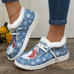 Women's Winter Snow Boots Snowmen Snowflakes Plus Plush Lace-up Flat Skateboa