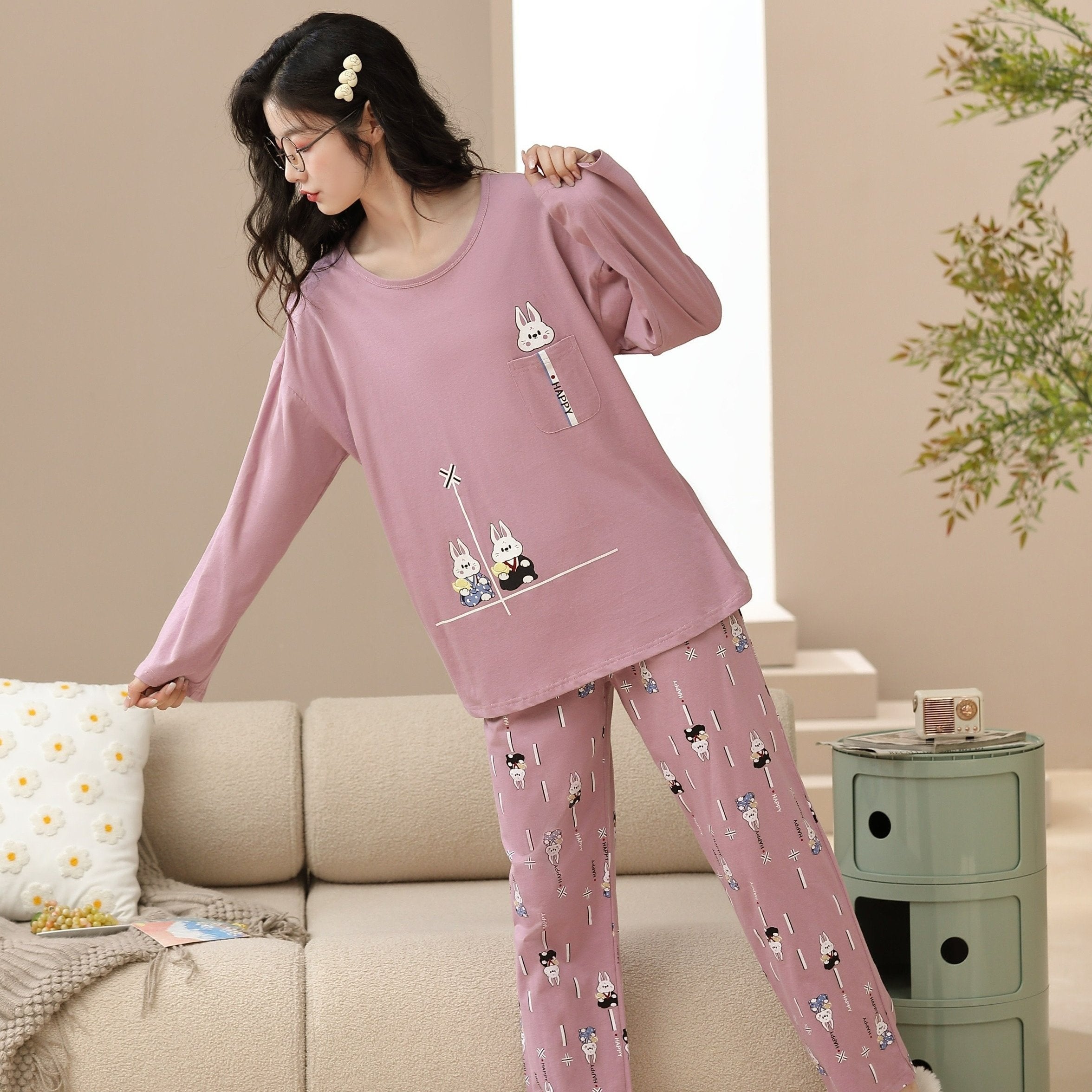 Bunny Print Pajama Set Crew Neck Long Sleeve Top & Pants Women's Sleepwear