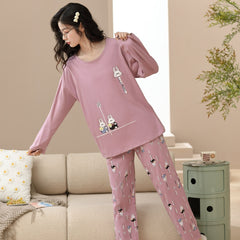 Bunny Print Pajama Set Crew Neck Long Sleeve Top & Pants Women's Sleepwear