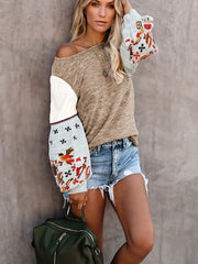 Sporty Embroidered Sleeve Knit Pullover Top