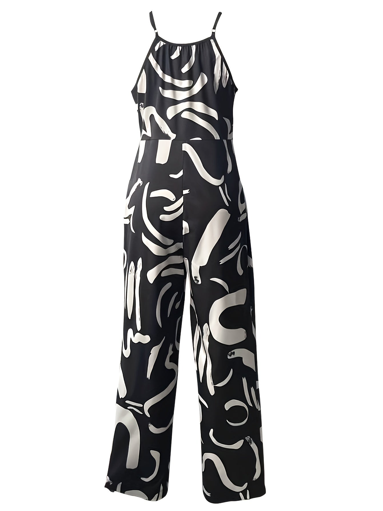 Abstract Print Spaghetti Strap Jumpsuit Casual Drawstring Wide Leg Jumpsuit