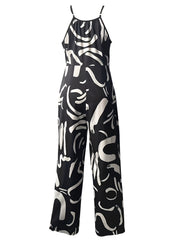 Abstract Print Spaghetti Strap Jumpsuit Casual Drawstring Wide Leg Jumpsuit