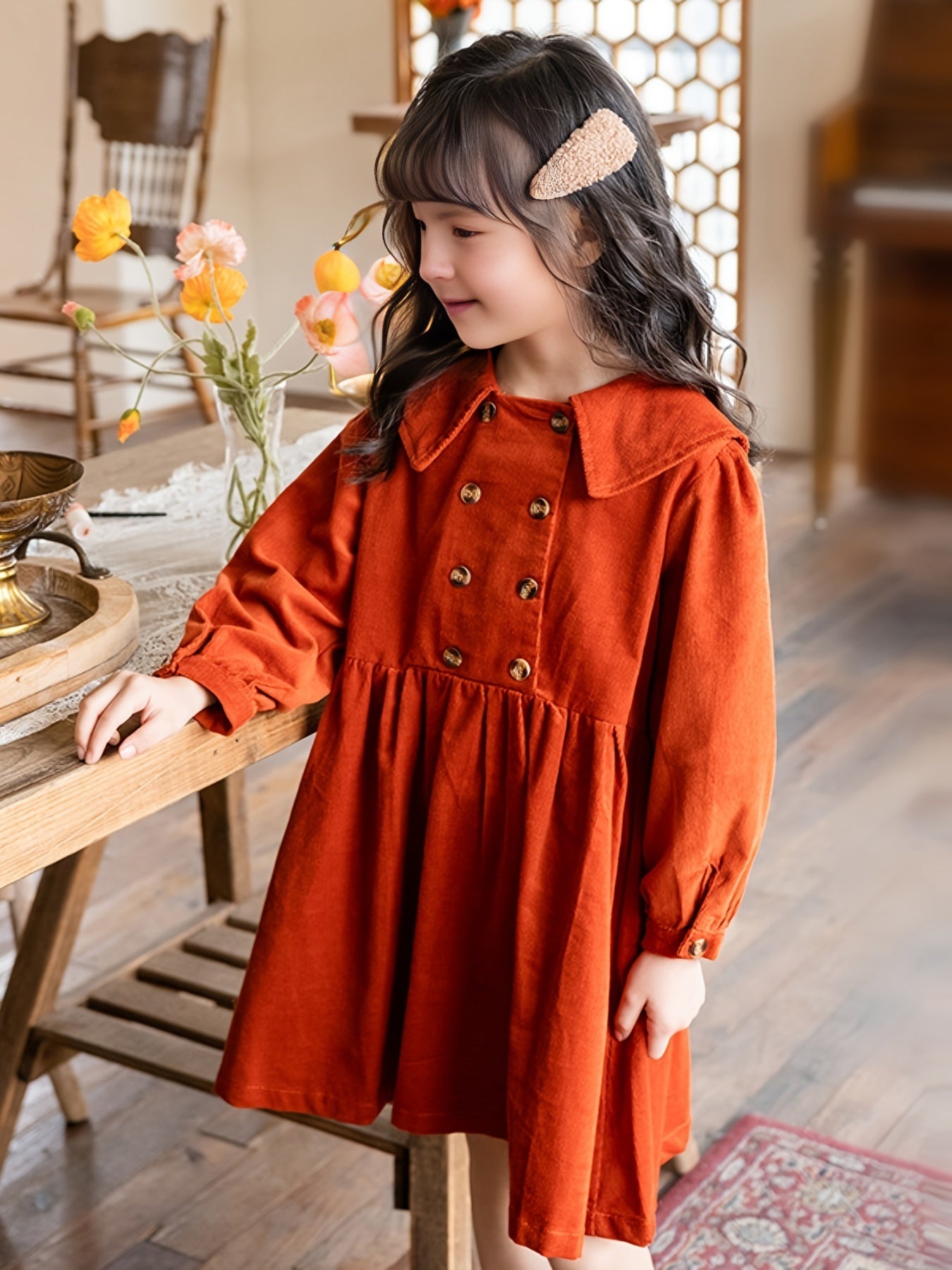 Girl's Solid Corduroy Princess Dress Long Sleeve Spring Fall Party