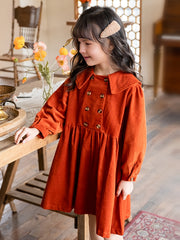 Girl's Solid Corduroy Princess Dress Long Sleeve Spring Fall Party