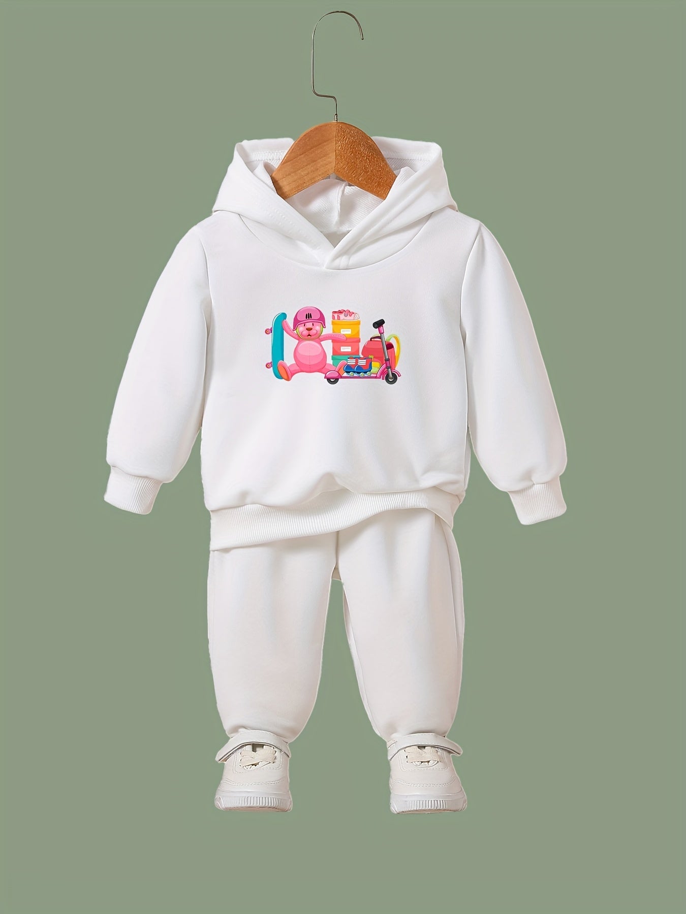 OERYUI Bear Print Hooded Pullover Pants Set for Kids