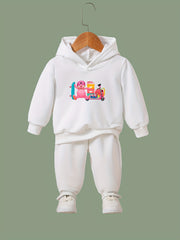 OERYUI Bear Print Hooded Pullover Pants Set for Kids