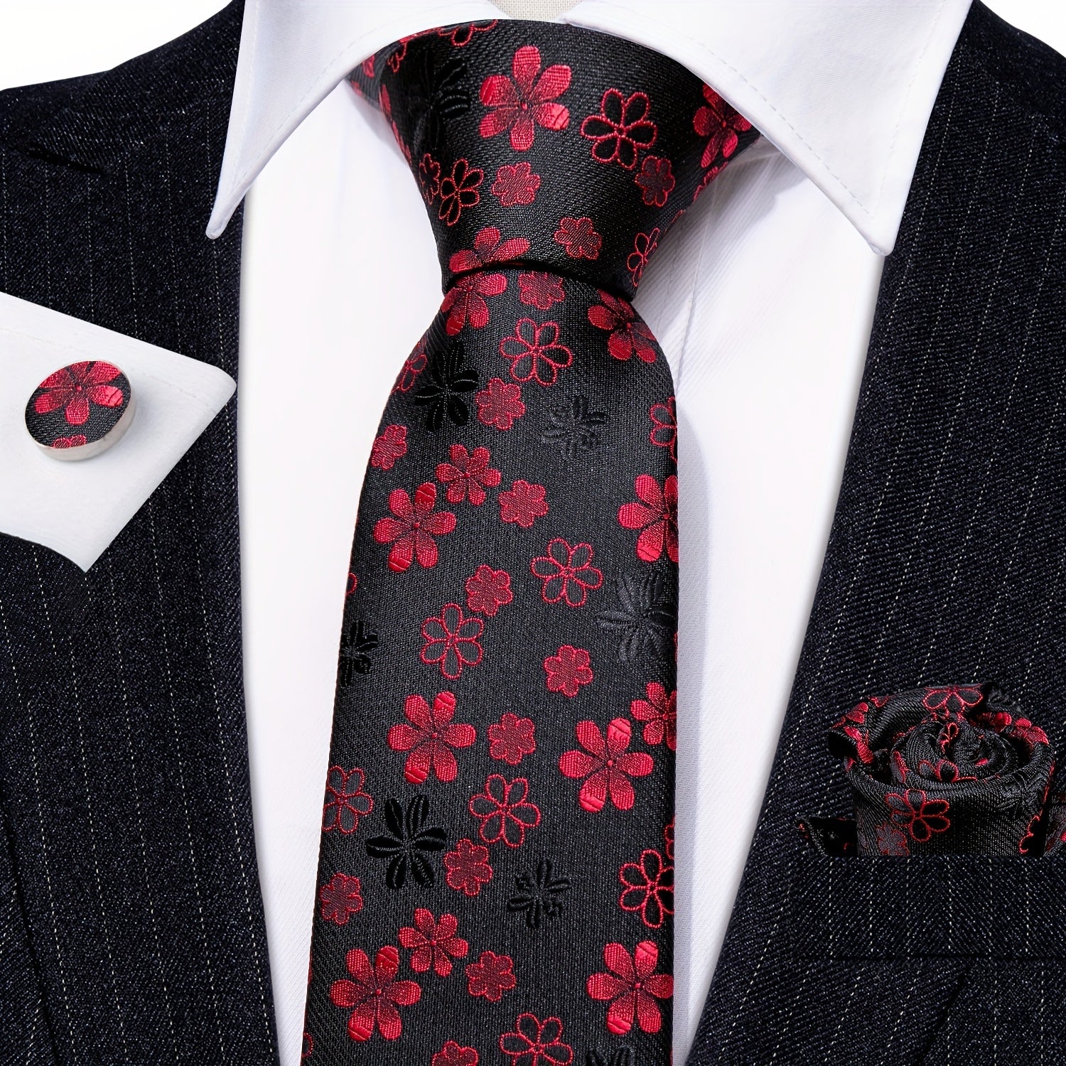 Barry Wang Men Ties Woven Silk Pocket Square Cufflinks Necktie Set