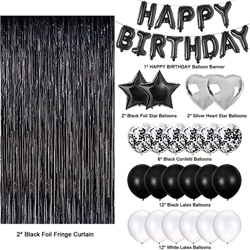 Happy Birthday Balloon Banner & Set with Foil Fringe Curtains