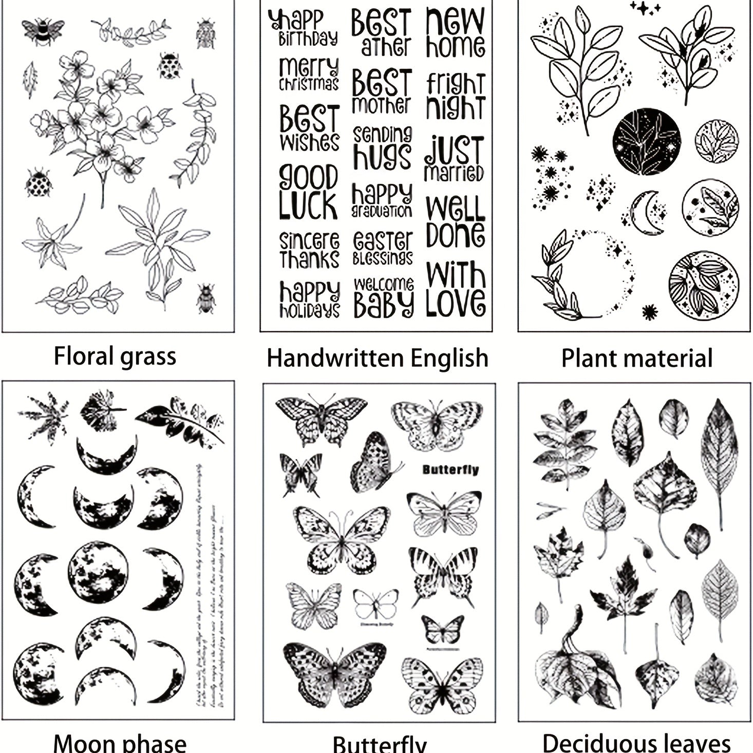 6pcs Clear Stamps Flowers Leaves Butterflies & Moon for Holiday Crafting