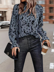 Leopard Print Lantern Sleeve Mock Neck Top