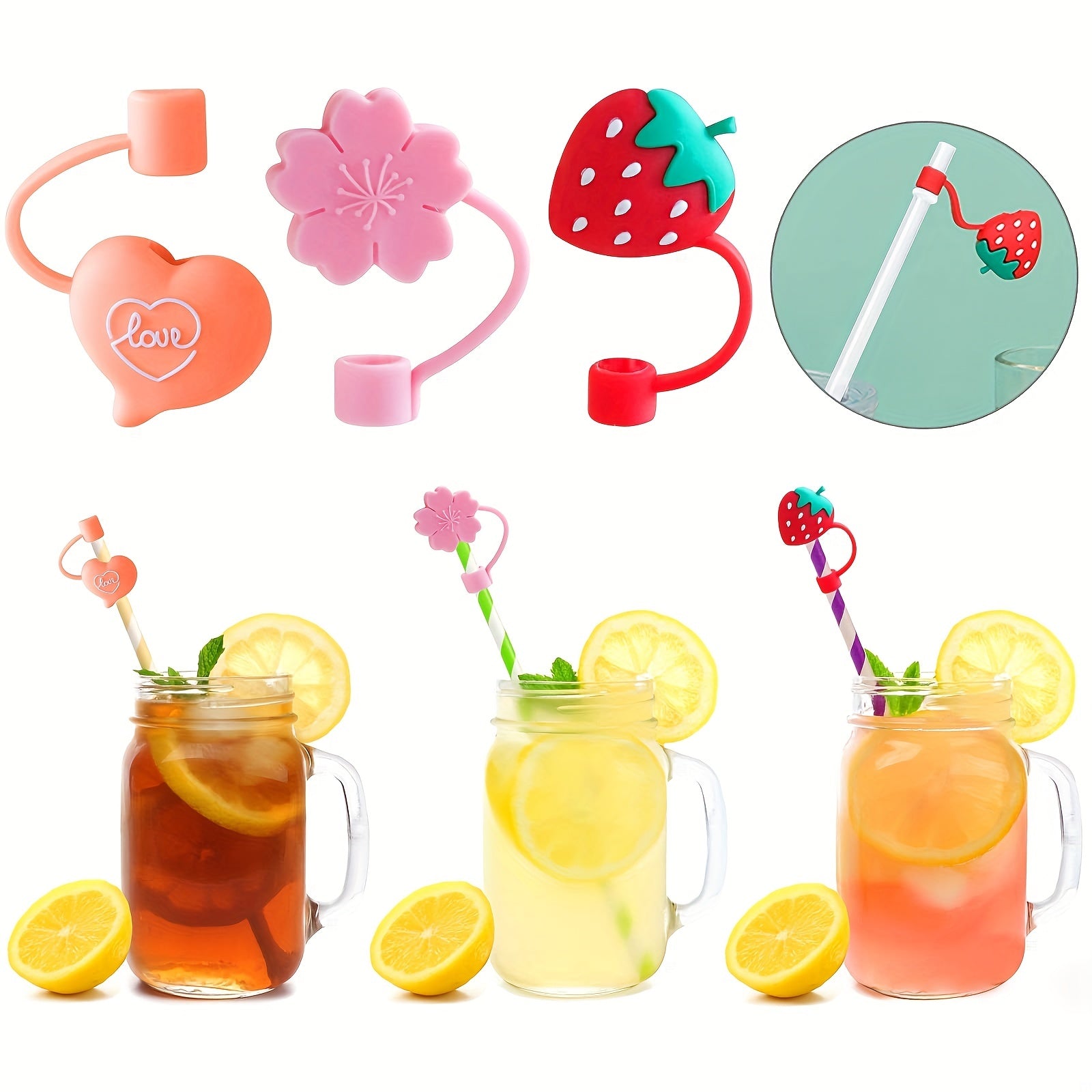 6pcs Silicone Straw Tips Covers- Flower & Fruit Shapes for Drinking