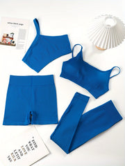 4pcs Yoga Set One Shoulder Sports Bra Shorts Leggings Women's Activewear